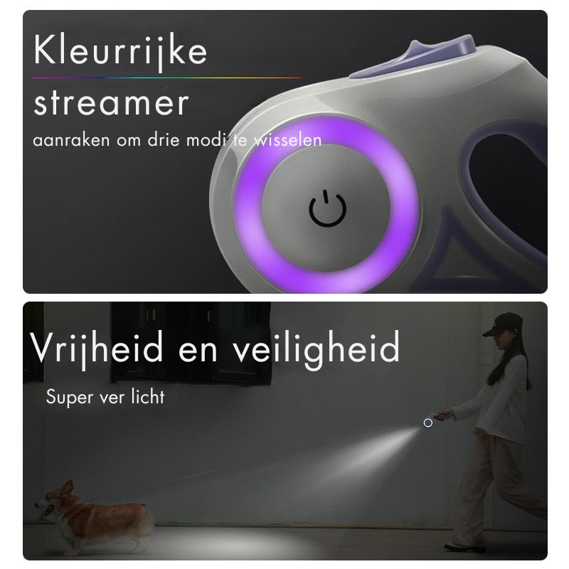 GlowLeash - Automatisch intrekbare hondenriem met ingebouwd licht en RGB streamerring