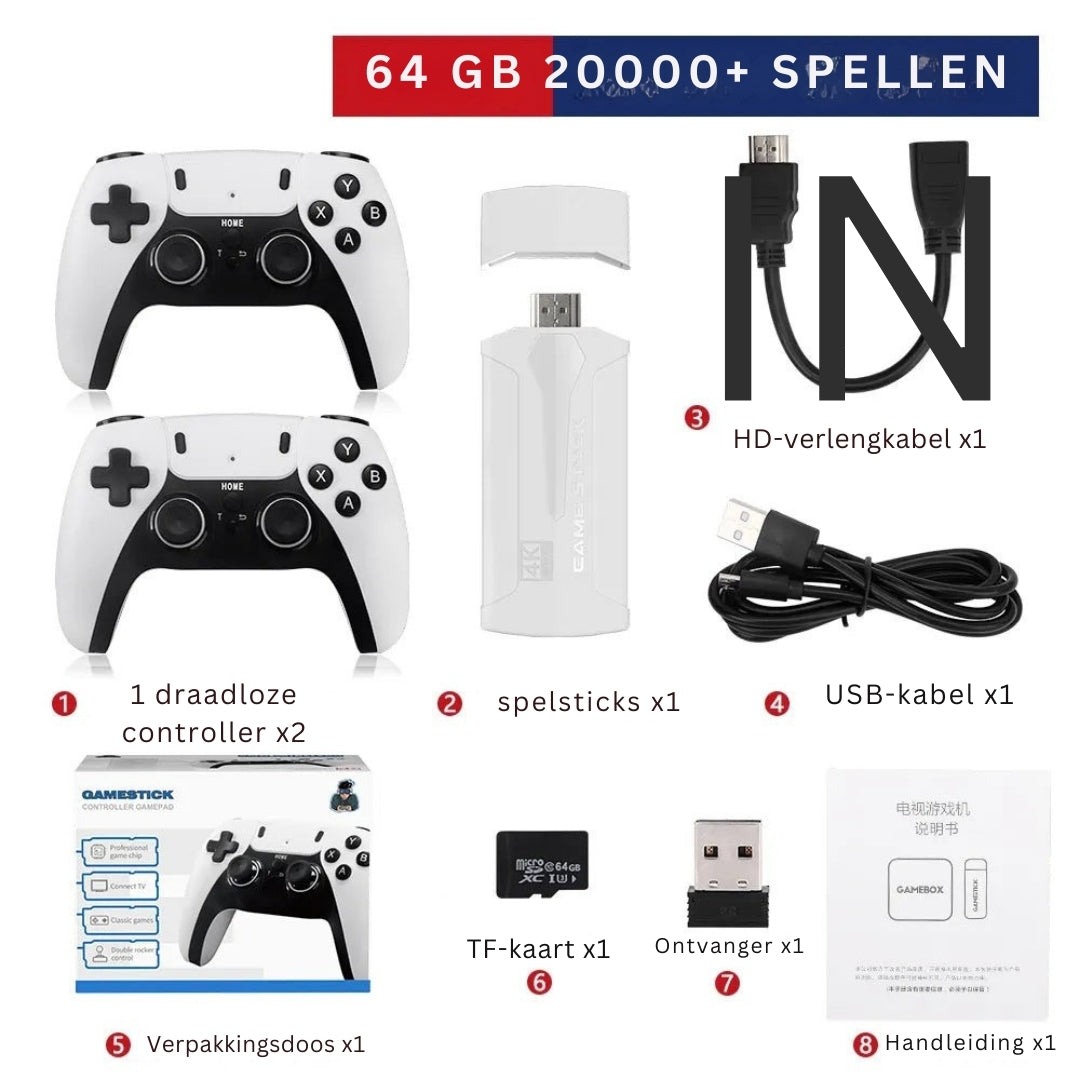RetroMax - 4K handheld gameconsole met 2 draadloze controllers Stekker en Speel TV Stok